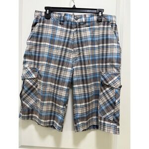 Pacific Blue Mens Plaid Cargo Shorts Blue Grey White Size 34 Relaxed Fit Utility